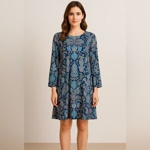 Loft L Paisley Casual Dress Blue Pink Long Sleeve Boho Chic Rayon Spandex